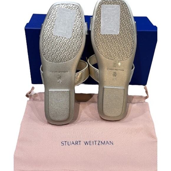 NEW Stuart Weitzman 7.5 Ibiza Woven-Strap Flat Slide Sandal Metallic Silver Gold - Picture 10 of 12